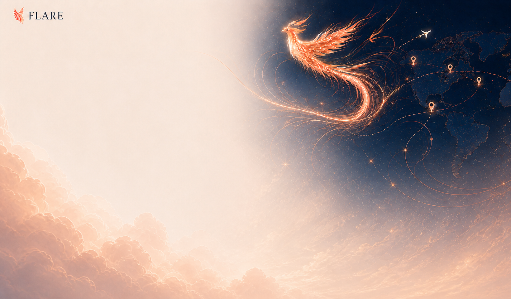 A luminous phoenix flying above a world map